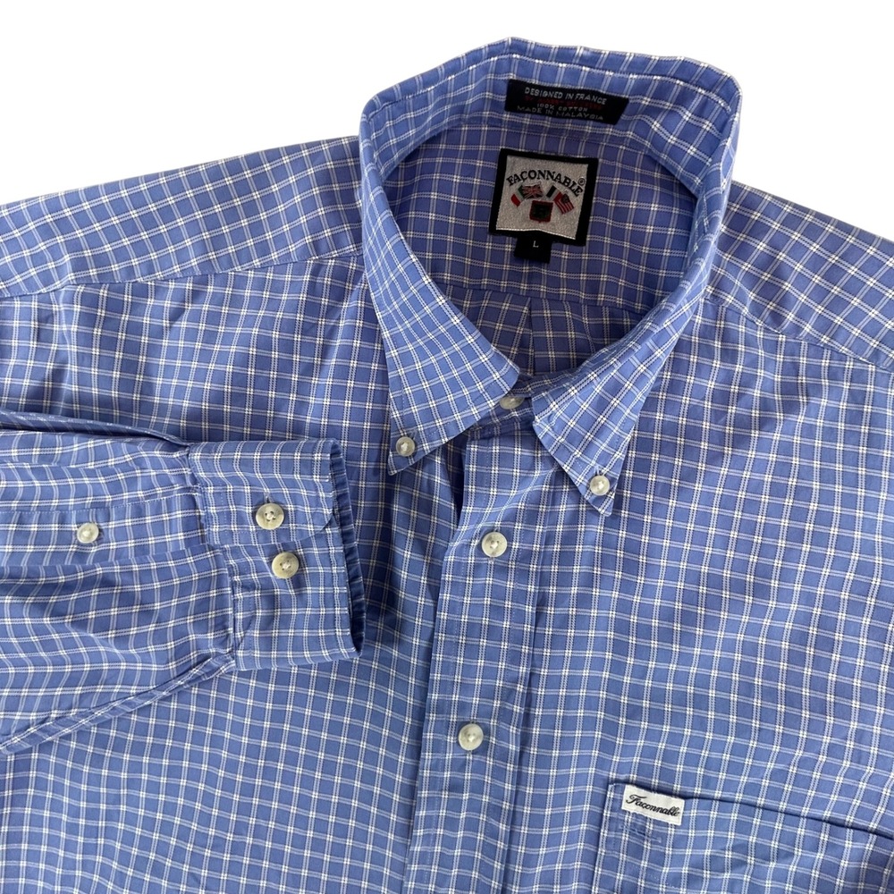 Vintage 2001 Faconnable Shirt Mens L Blue Plaid Check Cotton Button Down France